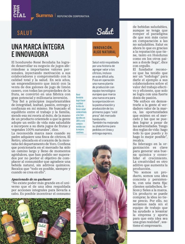 Revista Summa René Bendaña jugos Salut