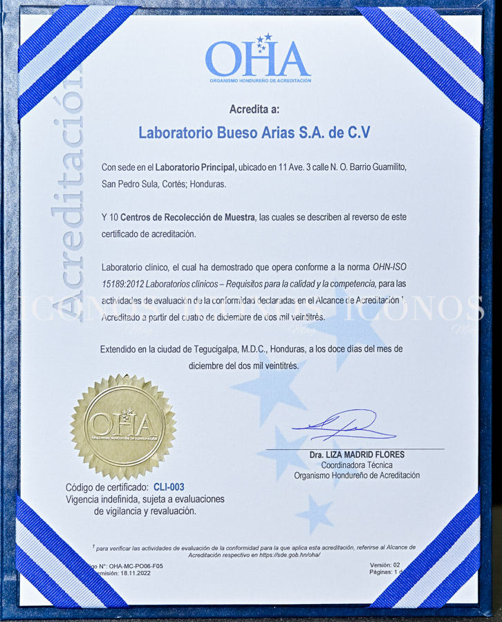 Certificación Norma ISO 15-189 laboratorio Bueso Arias Honduras