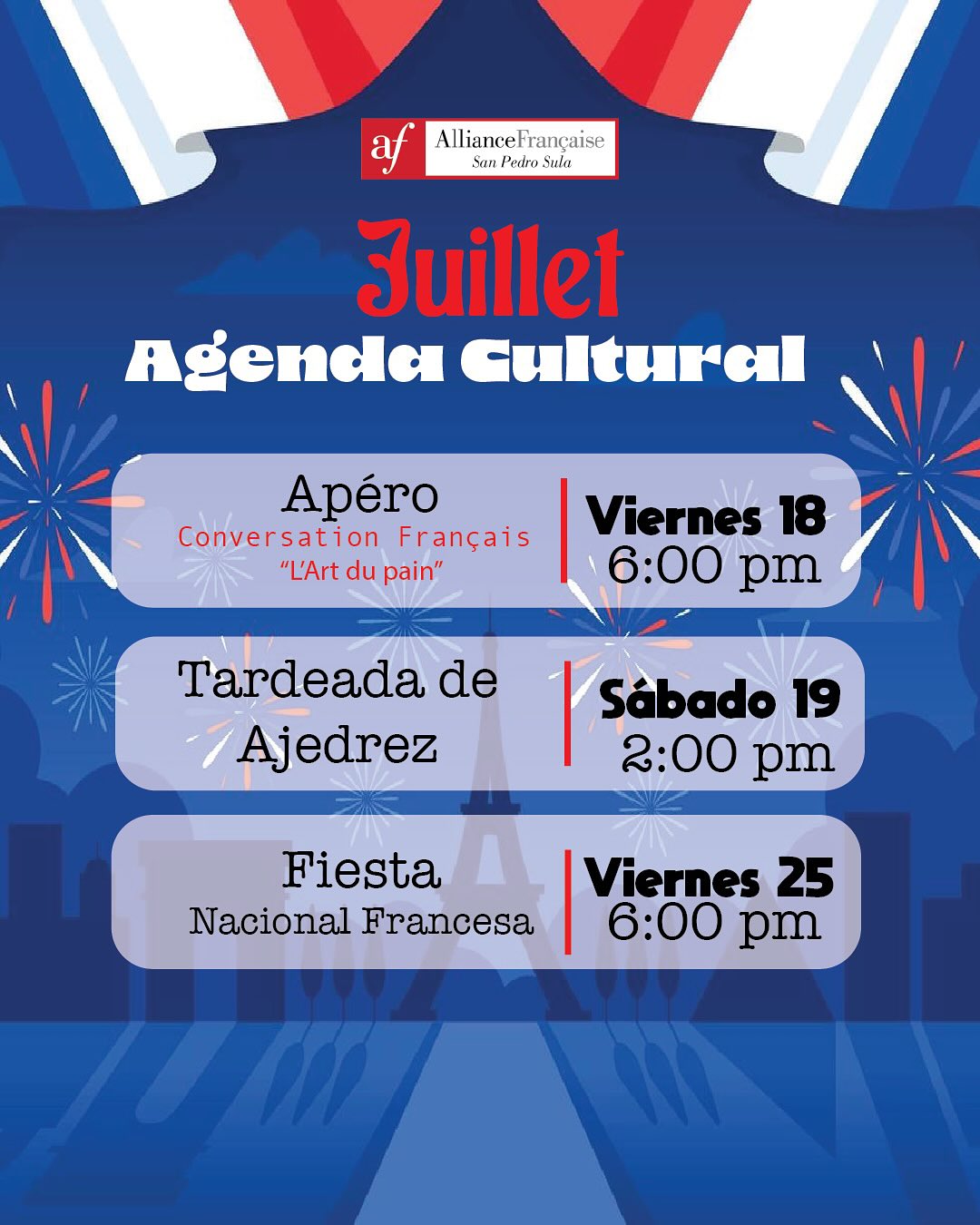 Agenda cultural julio 2025 Alianza Francesa San Pedro Sula