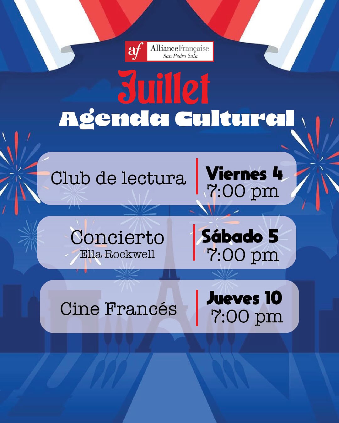 Agenda cultural julio 2025 Alianza Francesa San Pedro Sula